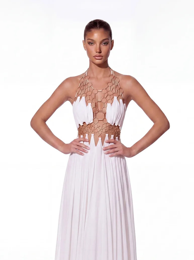 RINGS DETAIL HALTER MAXI STATEMENT DRESS WITH CUTOUTS