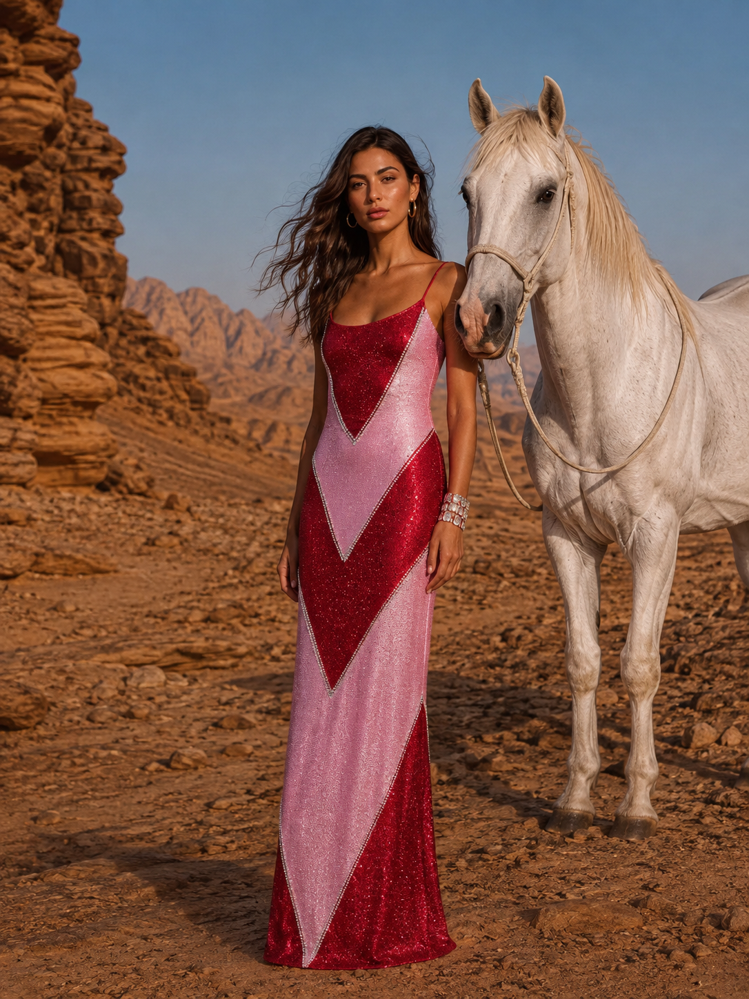 V NECK PATCHWORK BEADED DRESS