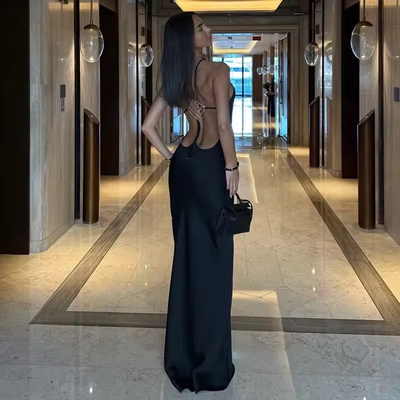 BACKLESS STONE DETAIL LONG SATIN DRESS