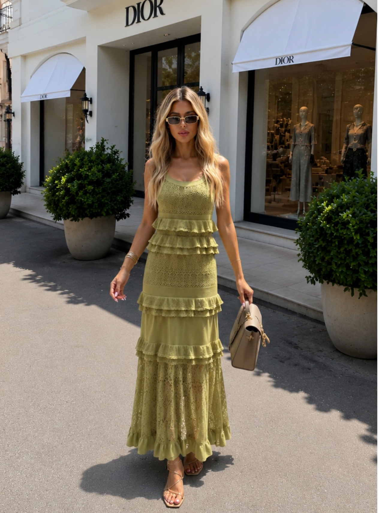 GREEN RUFFLES LONG KNITTED VACAY DRESS