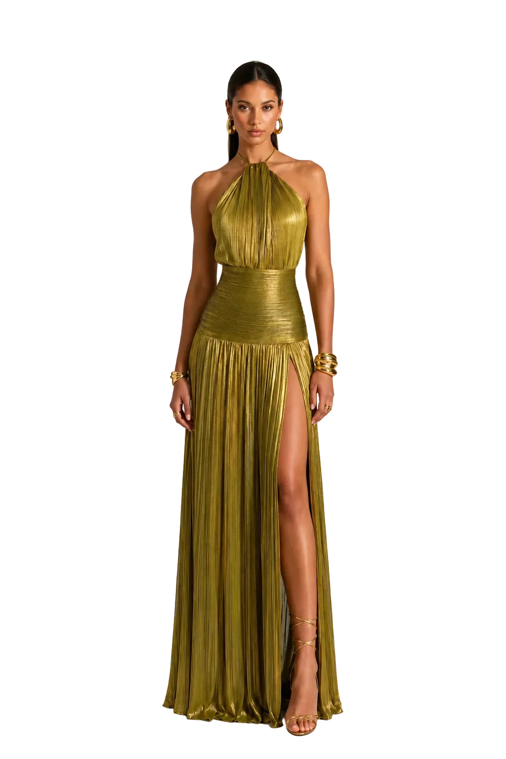 METALLIC BACKLESS SPLIT LONG DRESS