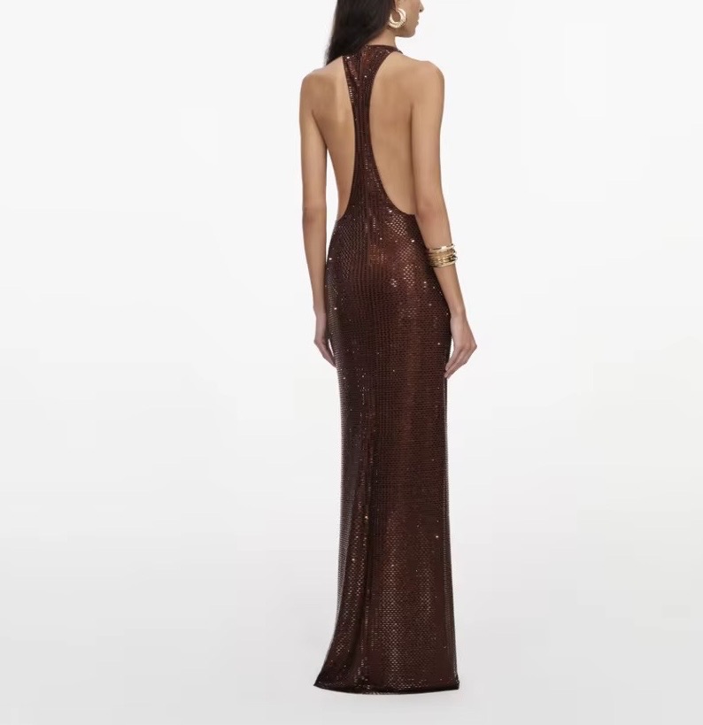 RHINESTONE EMBELLISHED MAXI BROWN DRESS