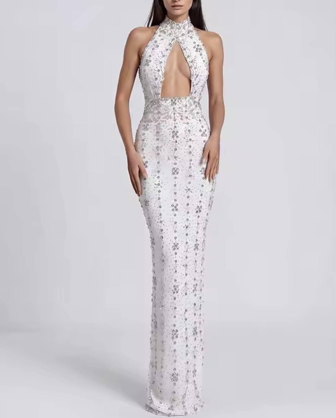 BANDAGE CUTOUT FRONT MAXI STONES BEADED DRESS