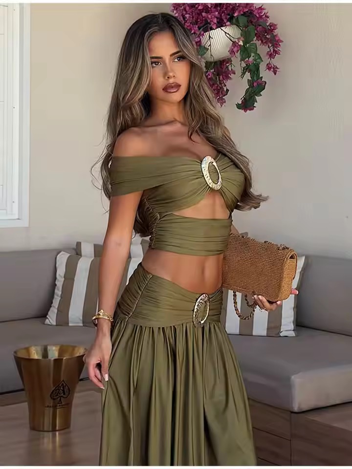 GREEN BARDOT CUTOUT WAIST  TOP WITH SKIRT SET