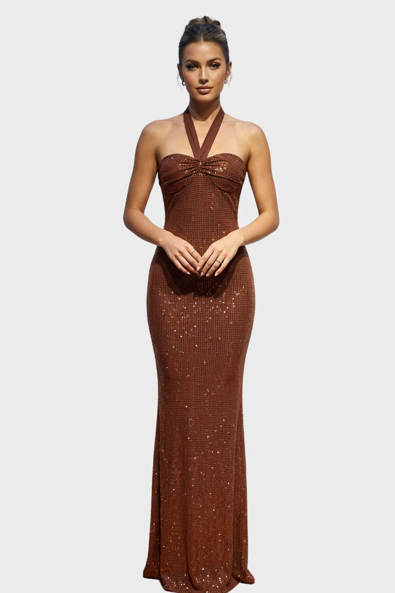 STRAPLESS MESH HALTER CRYSTAL MAXI DRESS