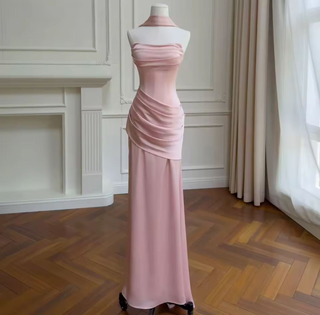 MAXI CORSET STRAPLESS SATIN DRESS WITH SCARF