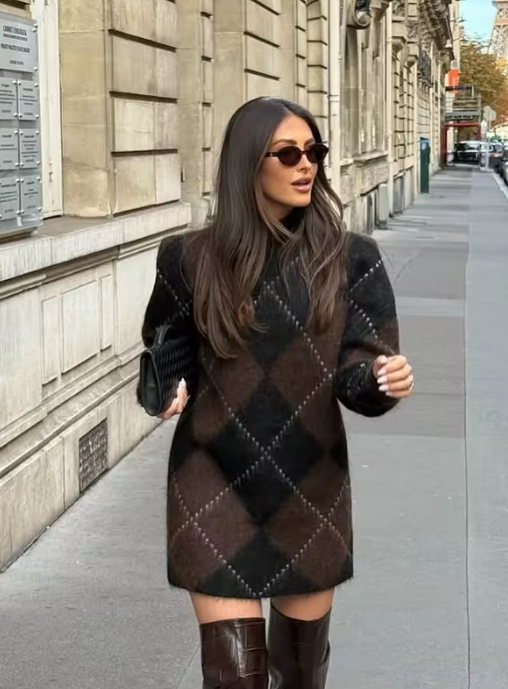 ARGYLE PATTERN KNIT SWEATER DRESS