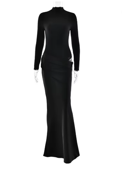 CB HIGH NECK LONG SLEEVES CUTOUT WAIST SATIN SKIRT DRESS