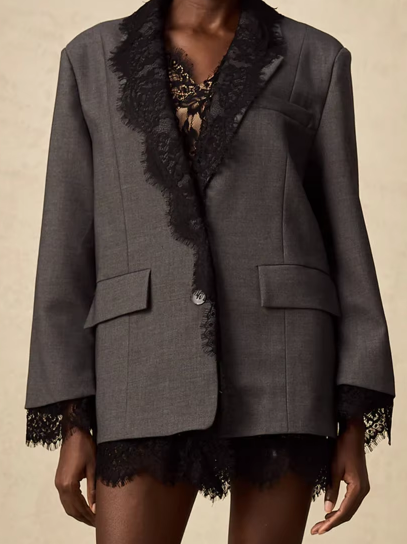 CB NEW LACE GREY LAPEL NECK BLAZER