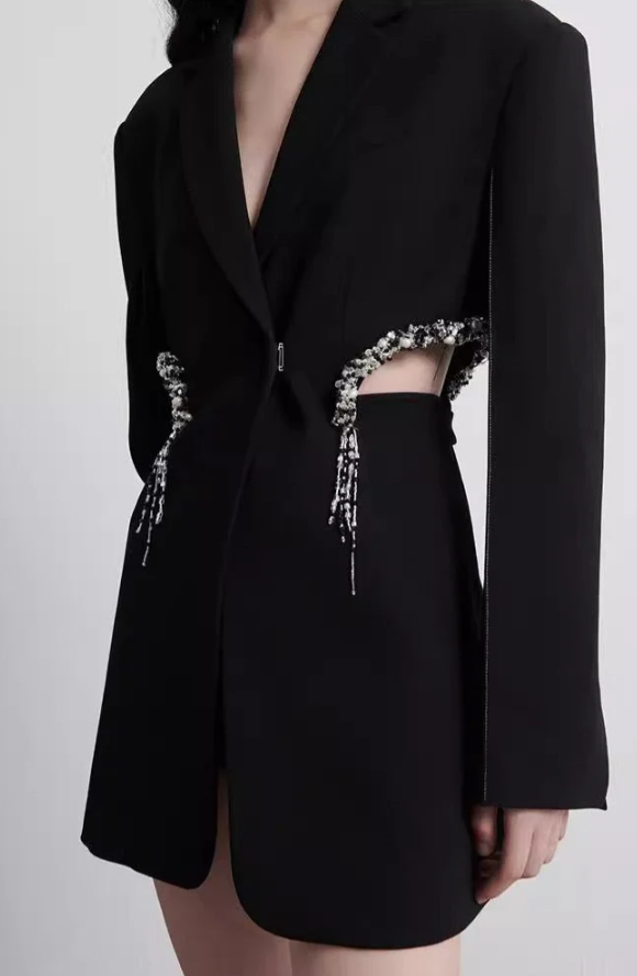 CUTOUT LONG BLAZER WITH RHINESTONE FRINGES