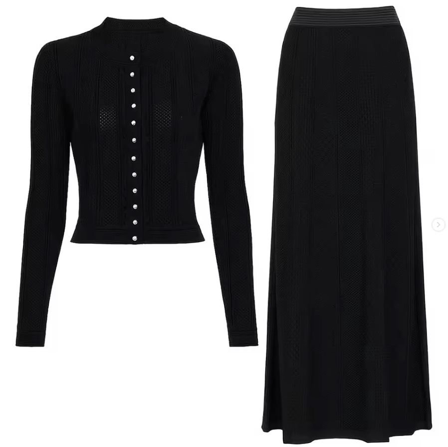 ELEGANT LUXURY PEARLS BOTTONS SKIRT SET