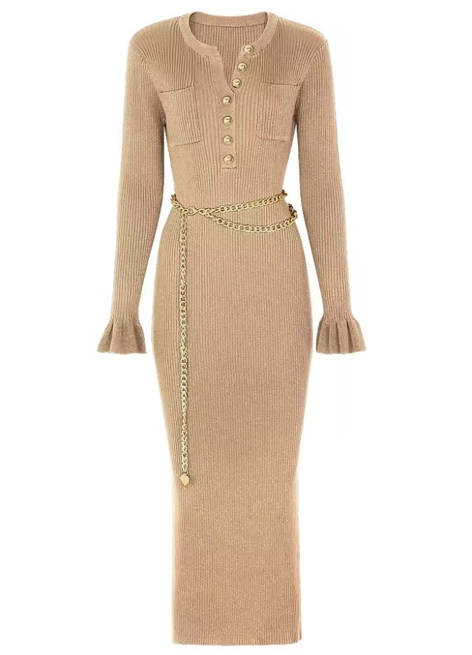 METALLIC KNIT BELTED ELEGANT MIDI DRESS