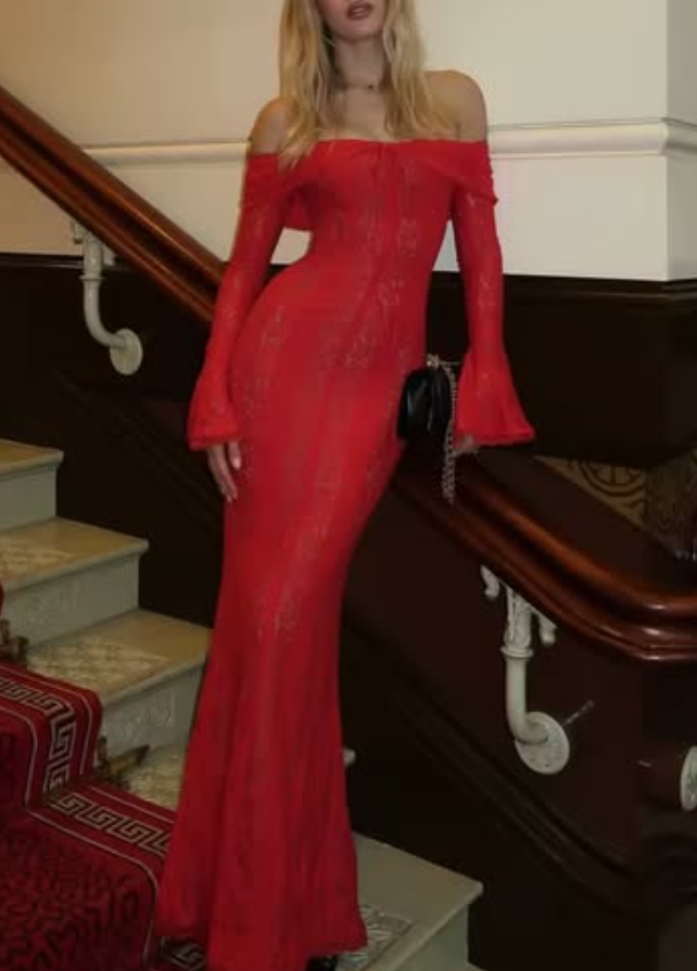 RED LACE BARDOT MAXI DRESS