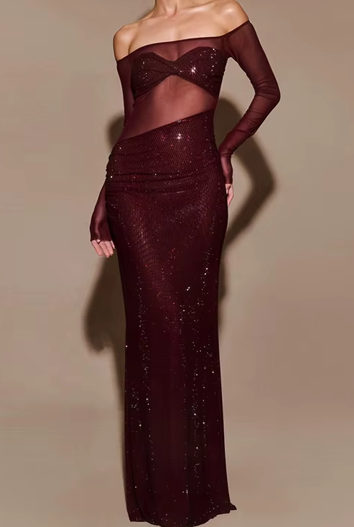 RHINESTONE EVENING MESH BARDOT MAXI BLING BLING DRESS
