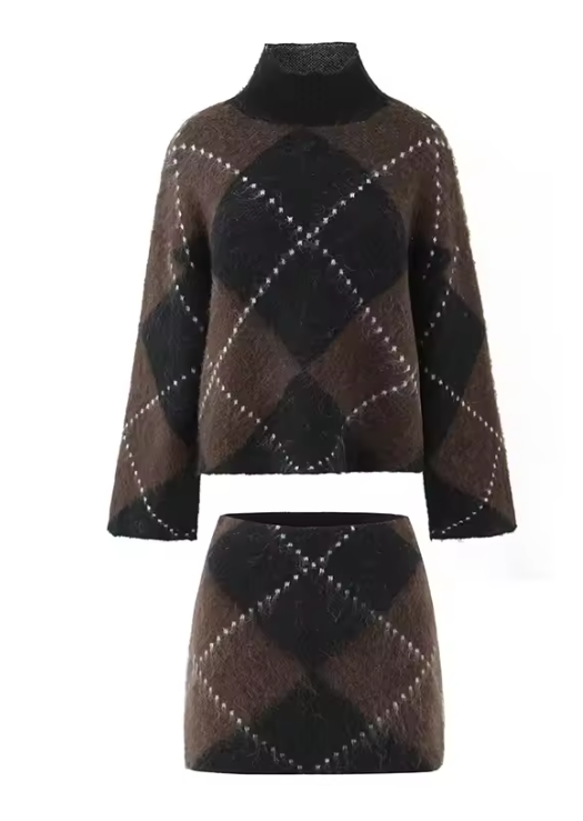 VINTAGE ARGYLE PATTERN KNITTED SWEATER SKIRT SET