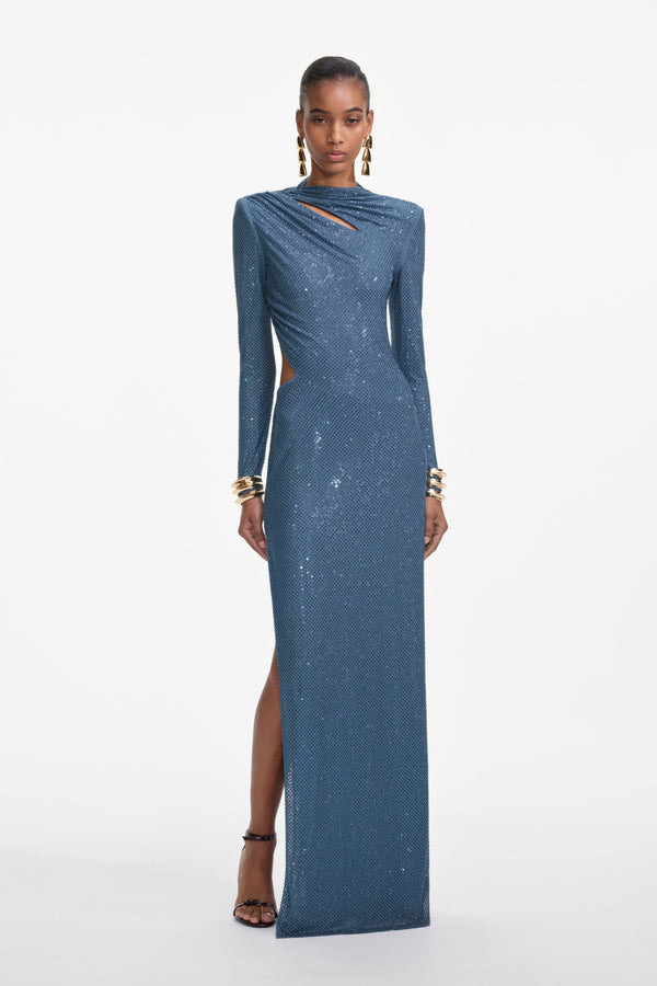 LONG SLEEVES RHINESTONES CUTOUT OPEN BACK DRESS