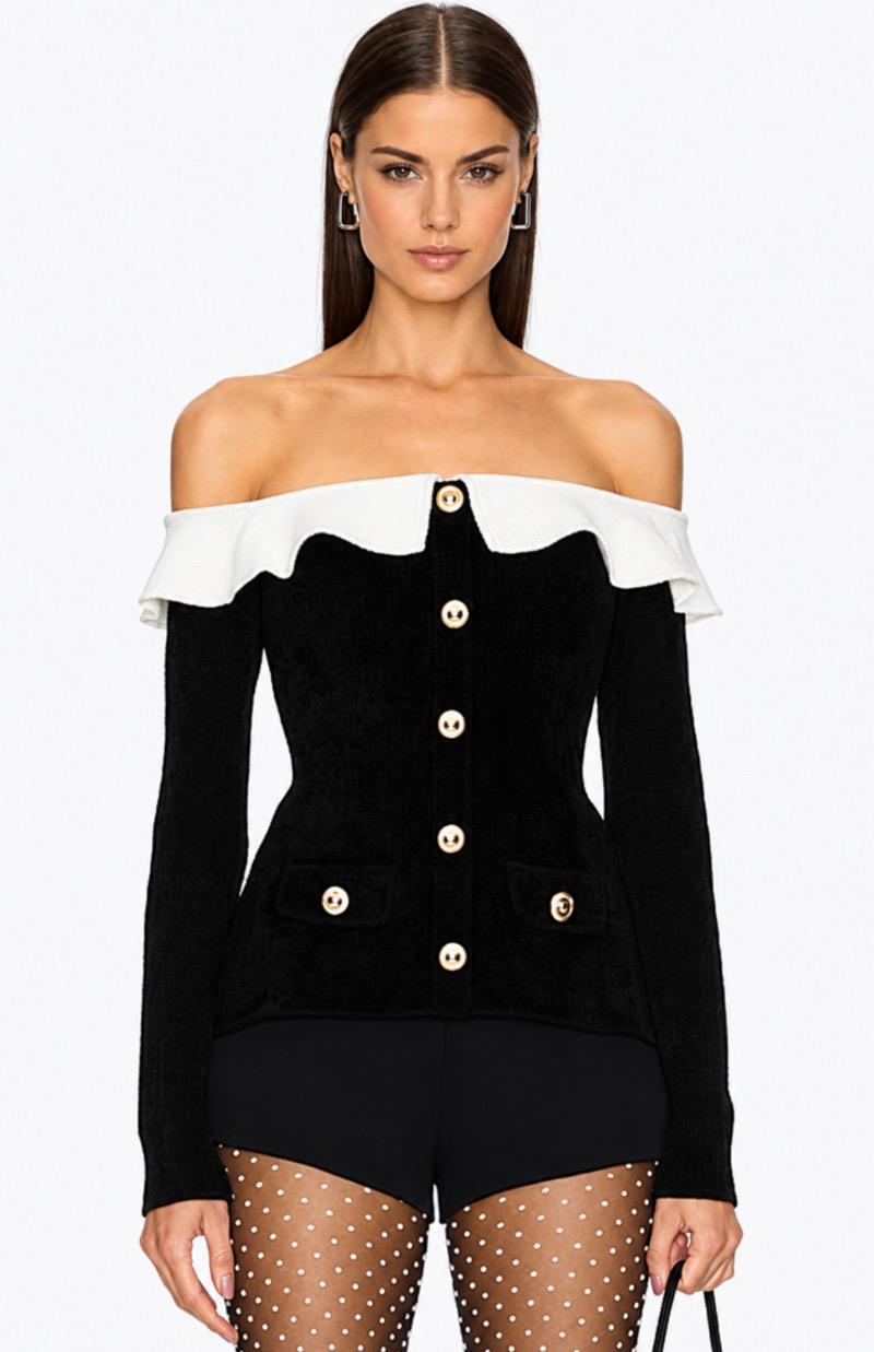 OFF SHOULDER RUFFLE KNIT TOP