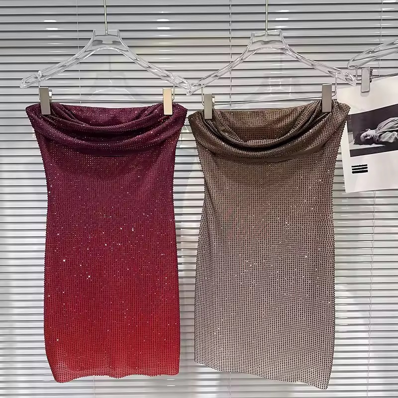 STRAPLESS RHINESTONES OMBRE DRESS