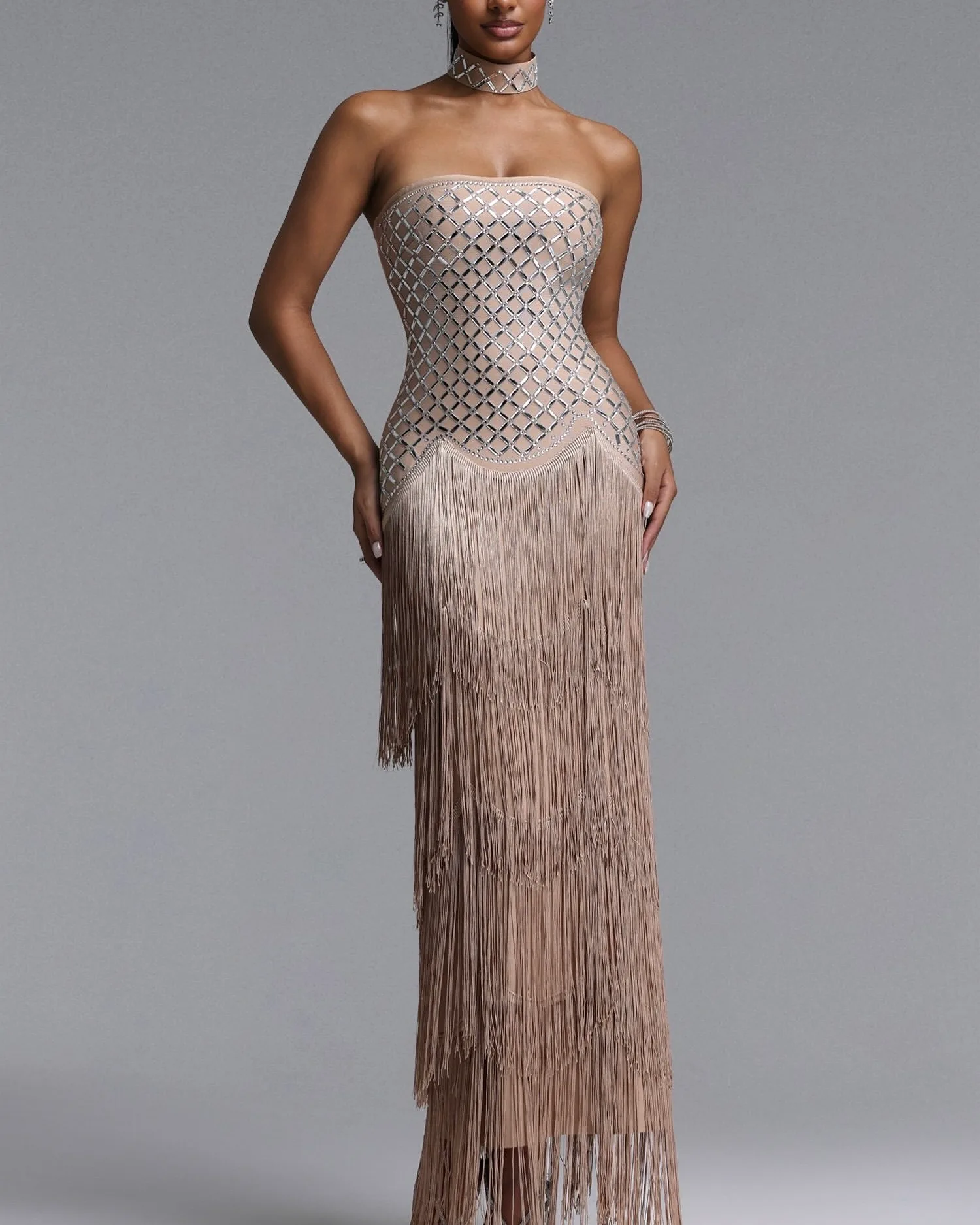 STRAPLESS RHINESTONES FRINGES DRESS WITH CHOKER