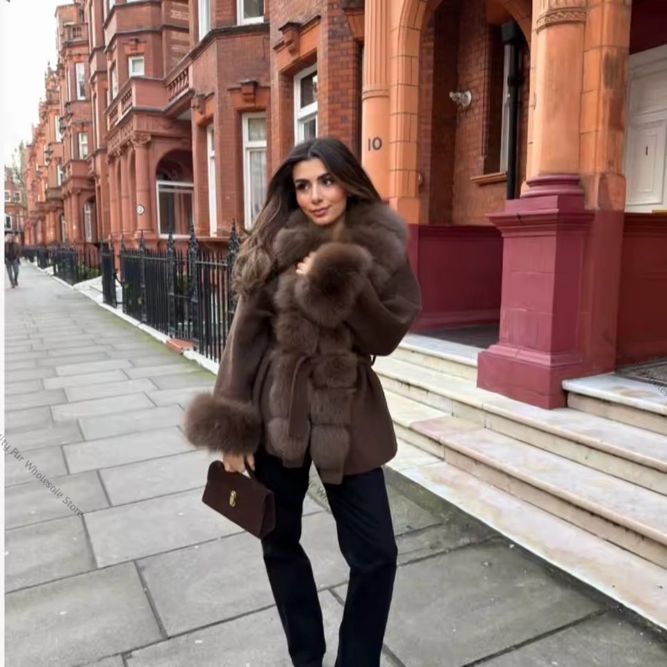 BELTED WOOLEN COAT WITH REAL NATURAL FOX FURR CUFFS