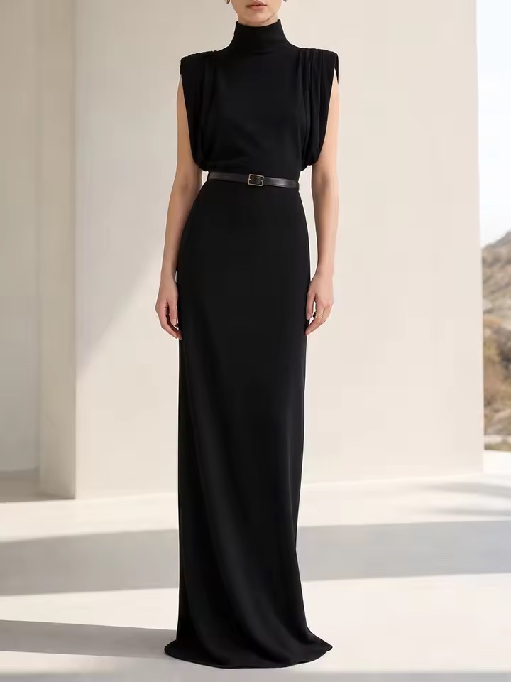 HIGH NECK DRAPED BELTED LONG DRESS