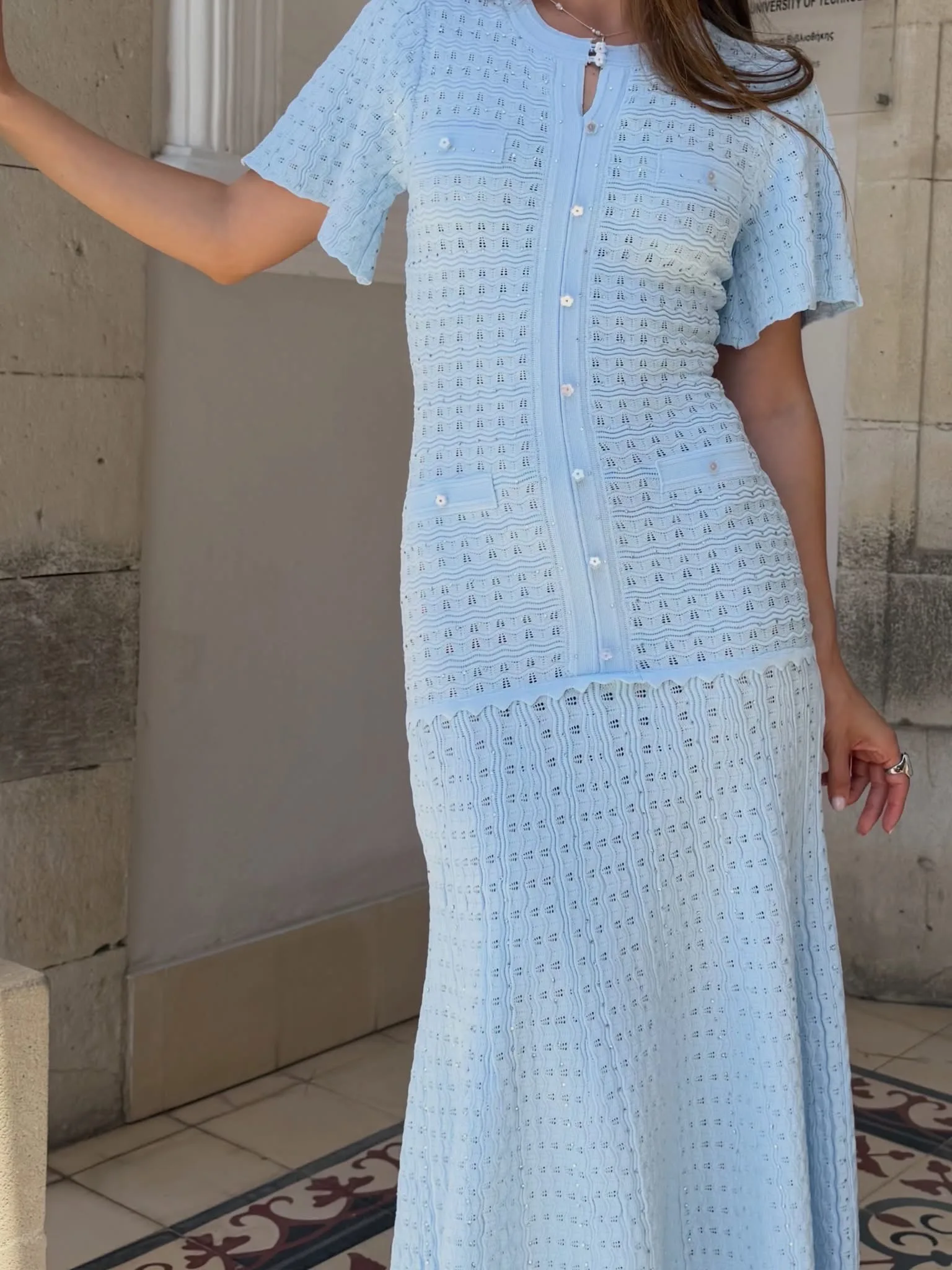 STONES EMBELLISHED LONG KNIT DRESS