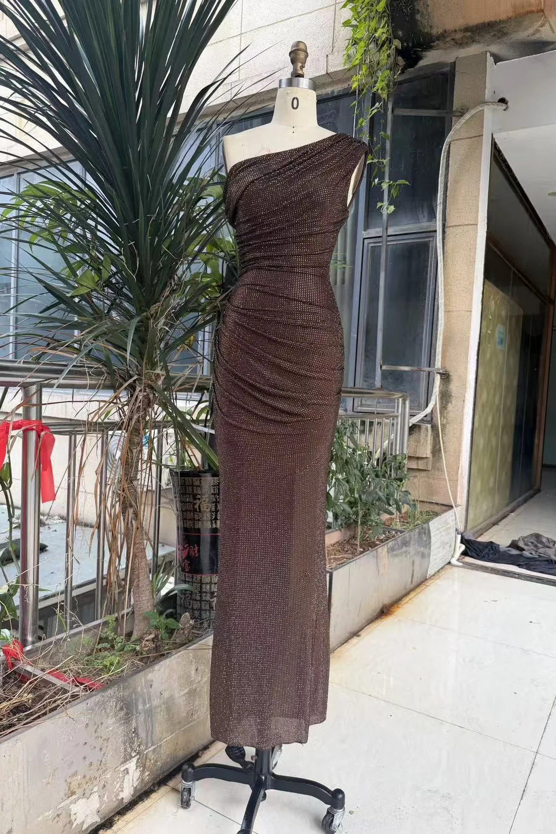 RHINESTONES SHIMMERY ONE SHOULDER RUCHED DRESS