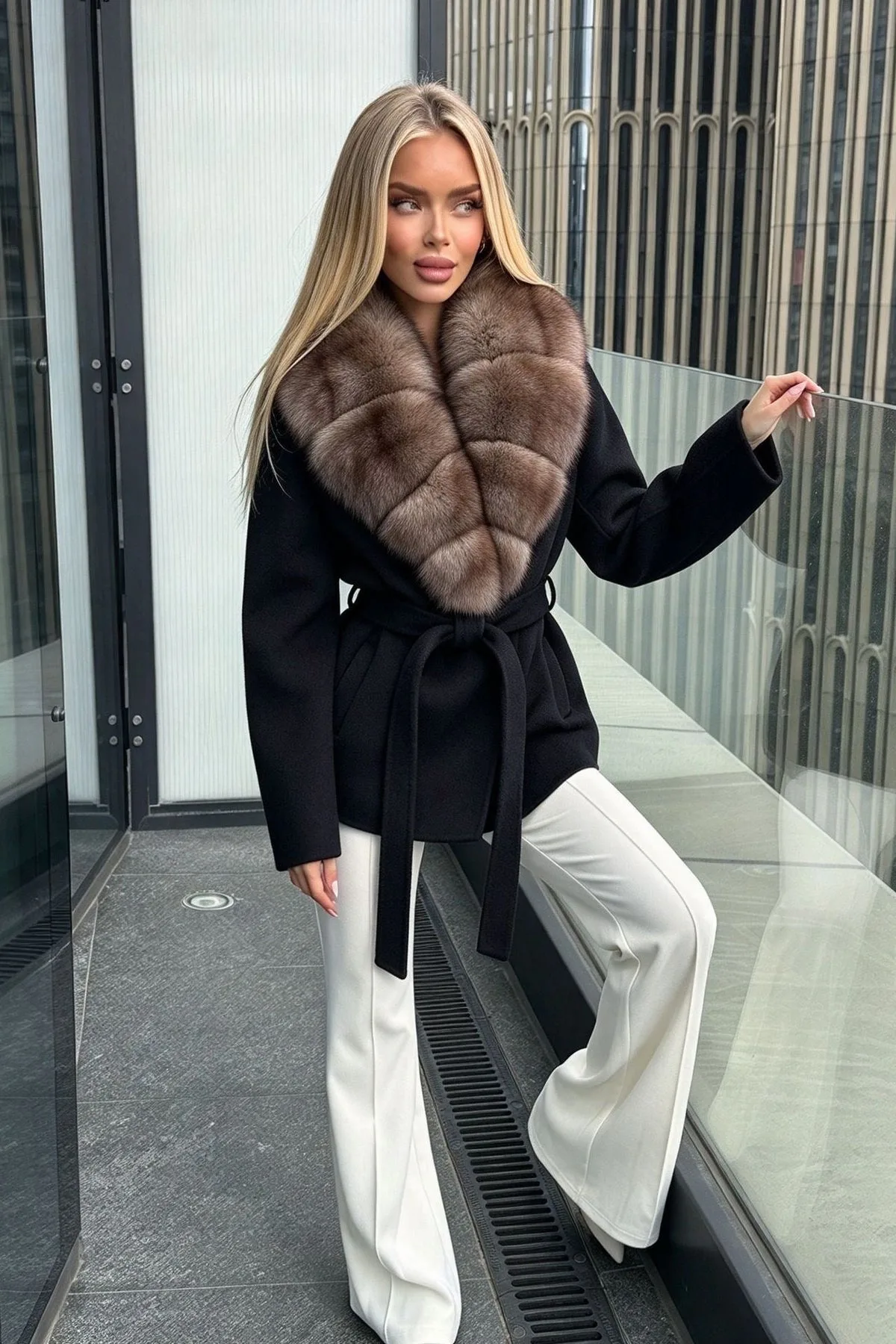 REAL FOX FURR COLLAR BELTED COAT