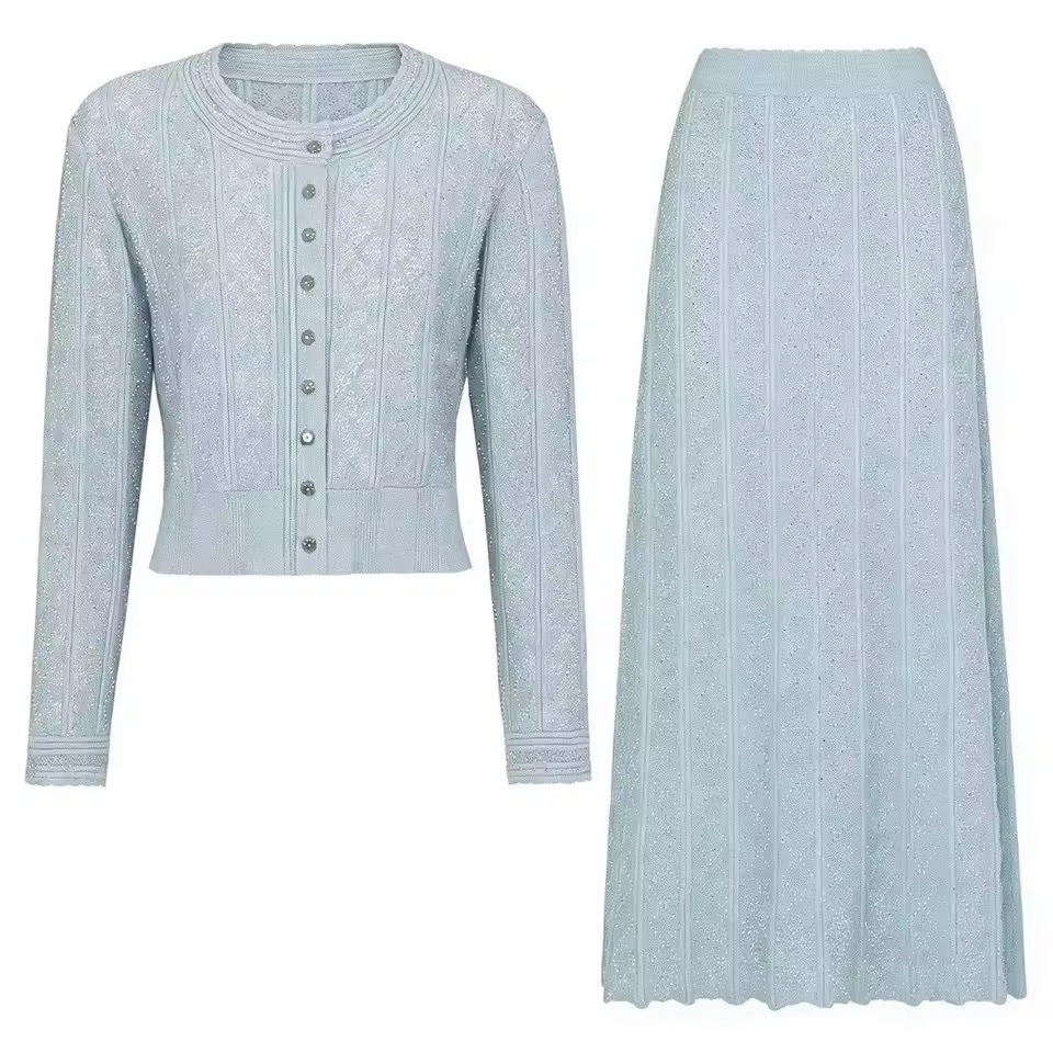 SHIMMERY KNIT CARDIGAN AND SKIRT SET