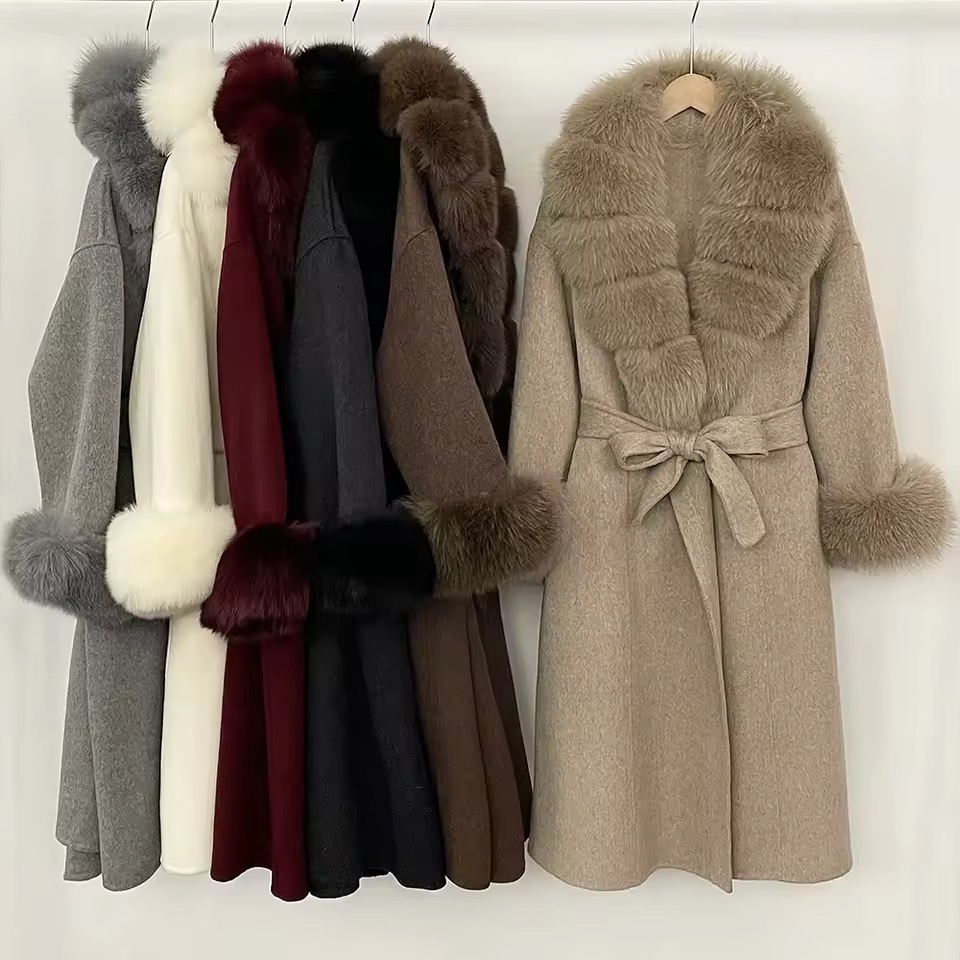 BELTED WOOLEN LONG COAT WITH REAL NATURAL FOX FURR CUFFS