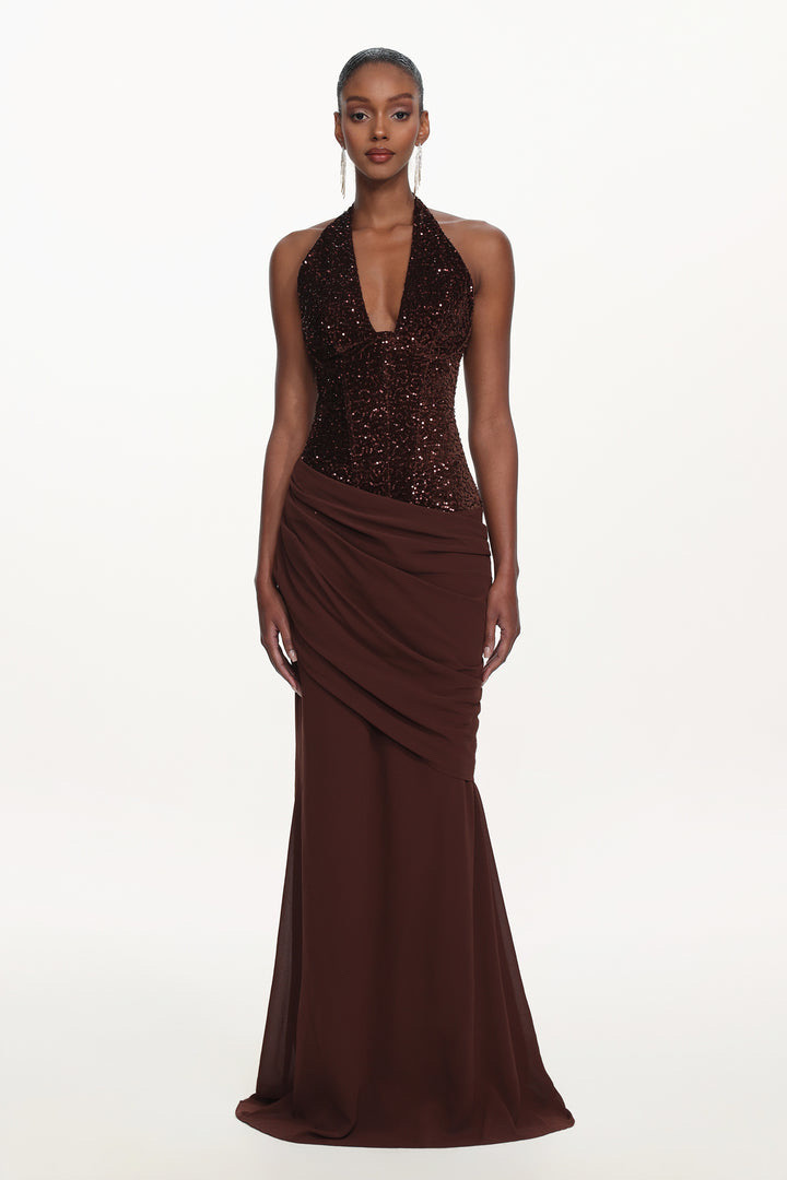 HALTER SEQUINS VELVET CORSET MAXI DRESS