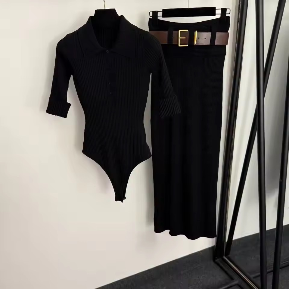 KNITTED BODYSUIT AND BELTED SKIRT SET