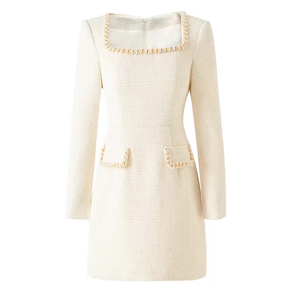 SQUARE NECK BEADED TWEED DRESS