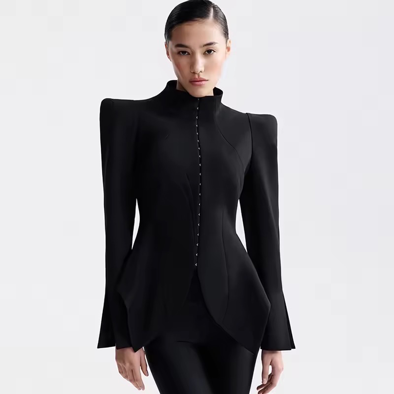 CHIC STAND COLLAR BLAZER JACKET WITH HOOKS
