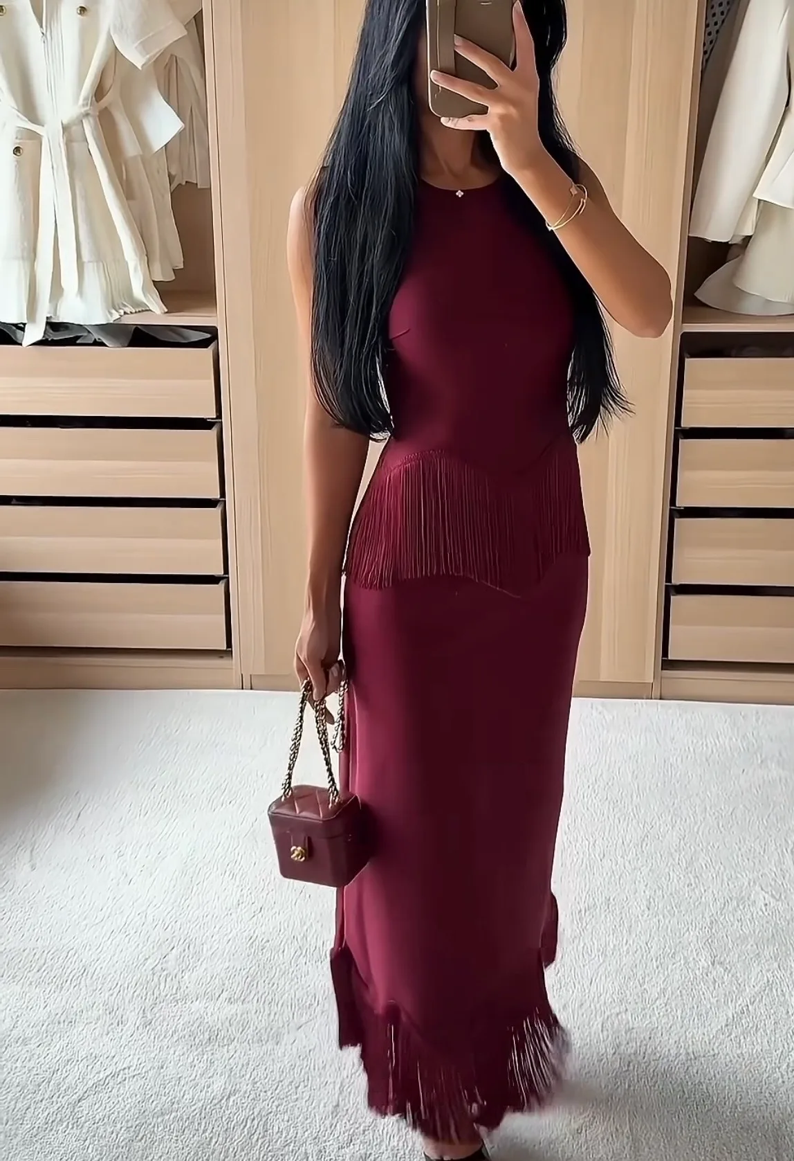 TASSELS BURGUNDY LONG DRESS