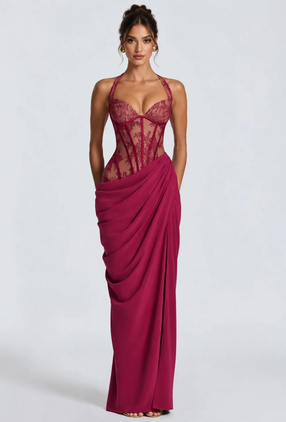 MAXI CORSET DRESS WITH HALTER NECK AND LACE PANELS