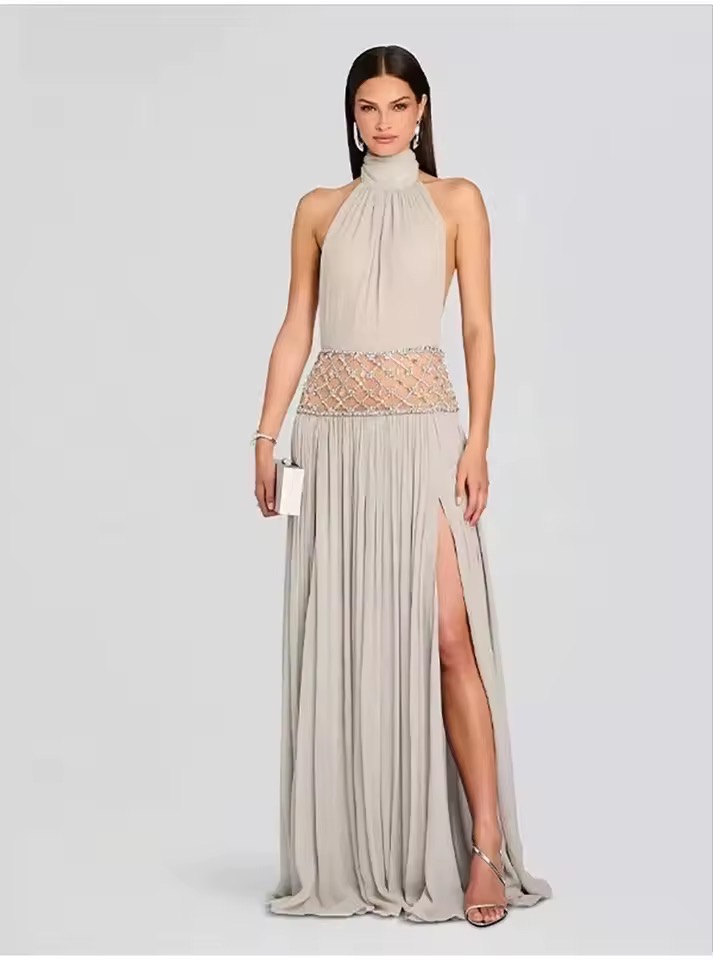 MESH CHIFFON PLEATED HIGH NECK SPLIT DRESS WITH RHINESTONE WAIST DETAILS