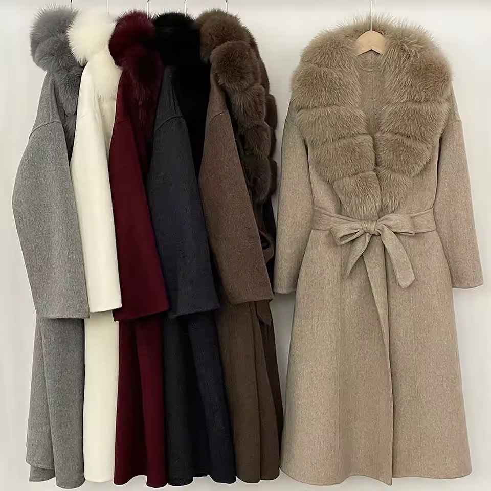 BELTED WOOLEN LONG COAT WITH REAL NATURAL FOX FURR