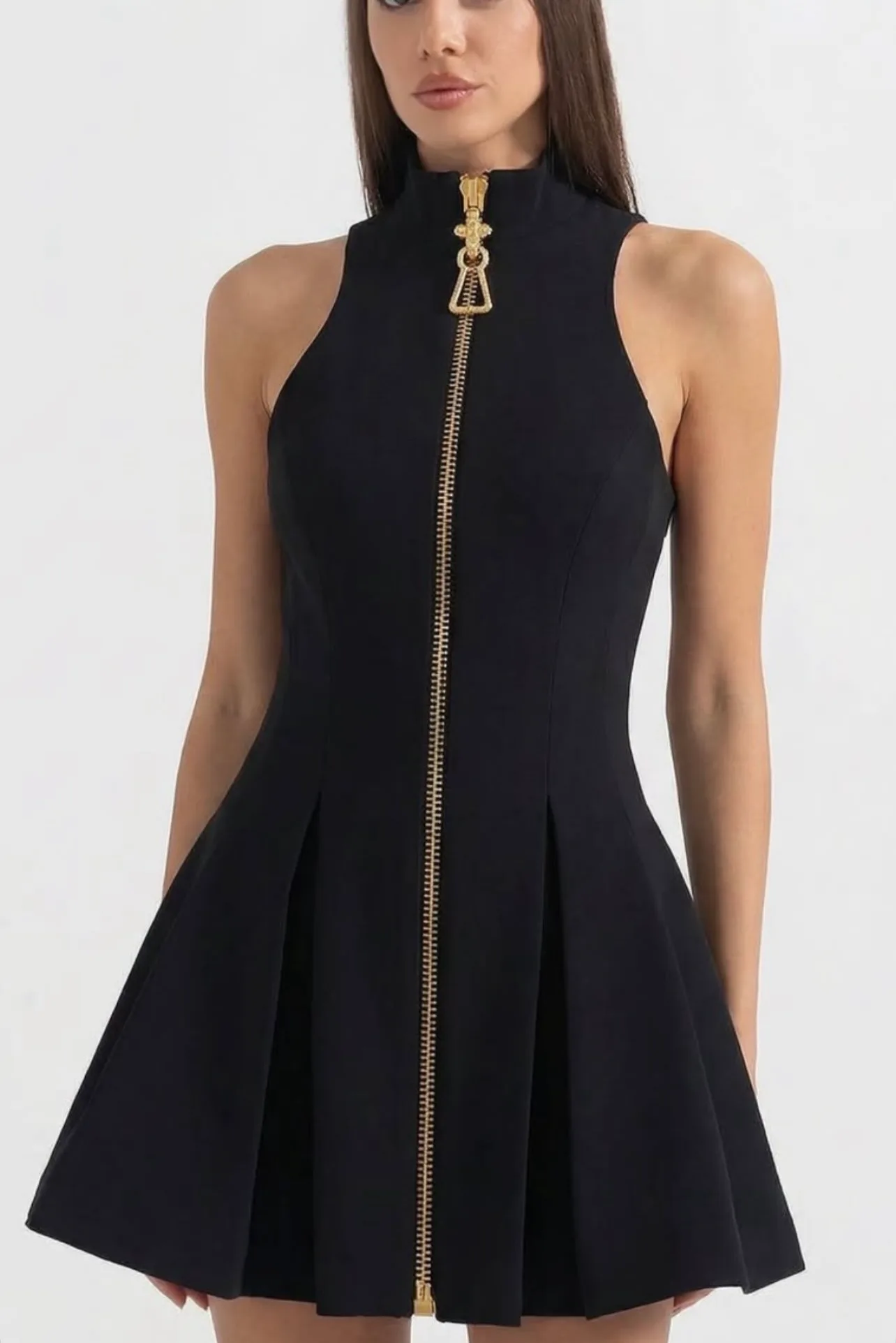 A LINE HIGH NECK ZIPPER ELEGANT SHORT DRESS