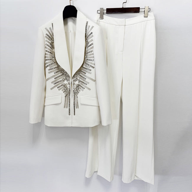 DIAMONDS ENBELLISHED WHITE PANT SUIT SET