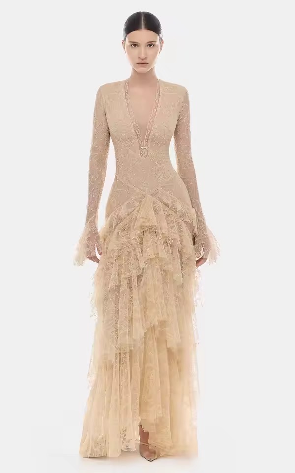 LACE RUFFLE LAYERED V NECK DRES
