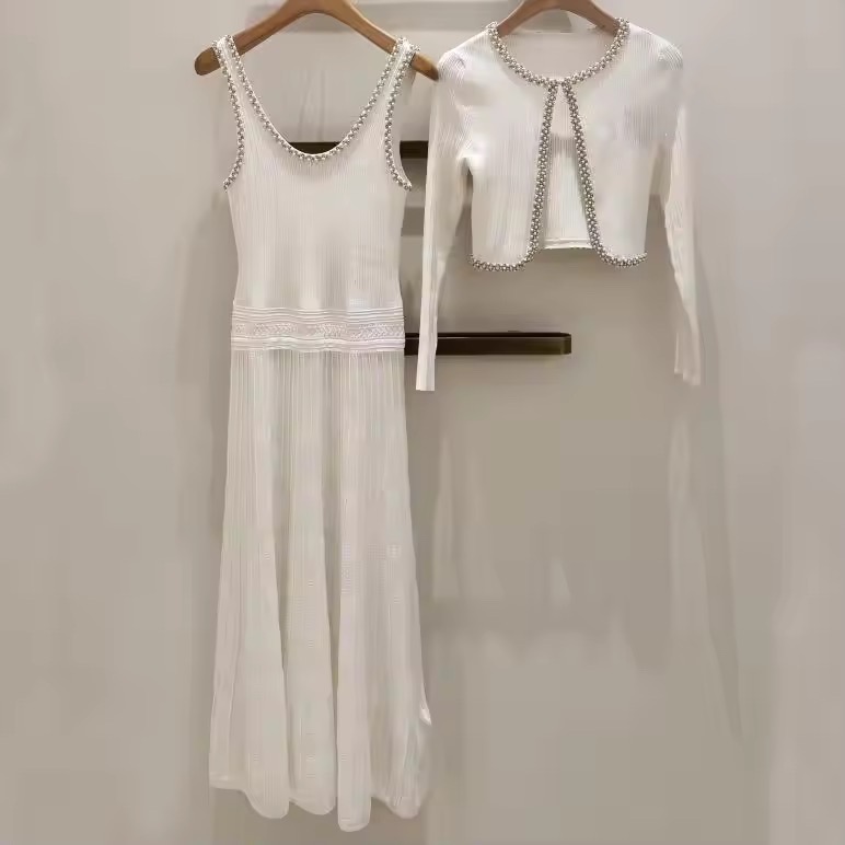 KNITTED BEADED LONG WHITE DRESS WITH CARDIGAN