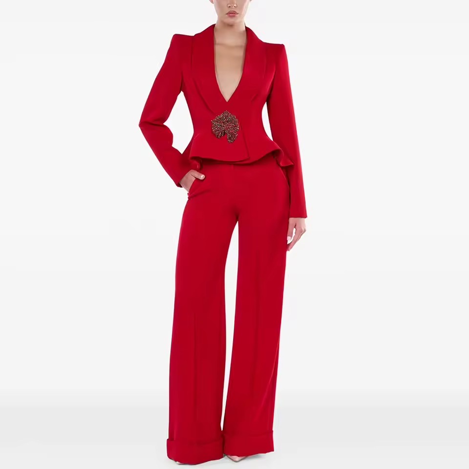LONG SLEEVE FLORAL DETAIL PEPLUM SUIT RED