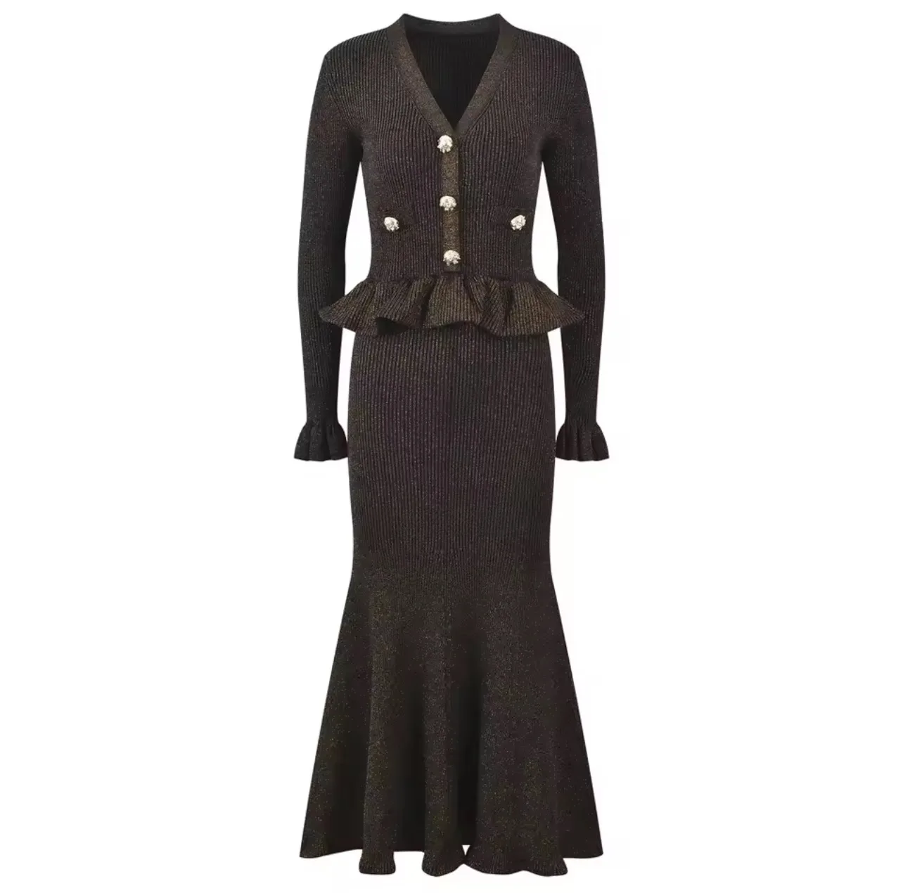V NECK KNIT RUFFLE SHIMMERY BROWN LUXE DRESS