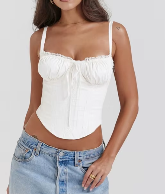CORSET LACE-UP BACK TOP WHITE BROWN