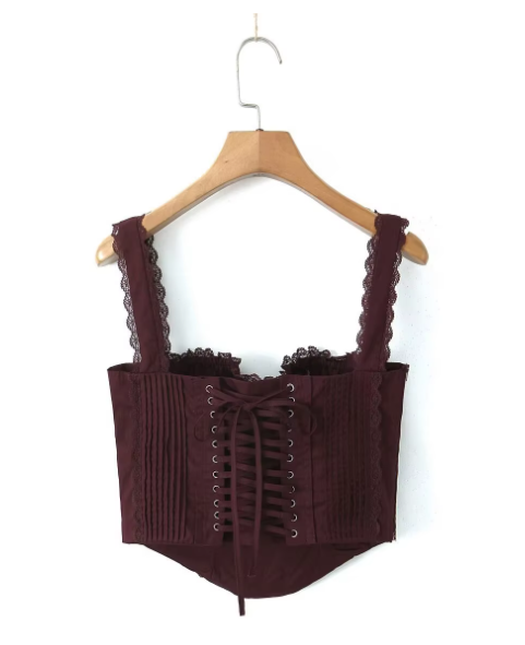 CORSET LACE-UP BACK TOP WHITE BROWN