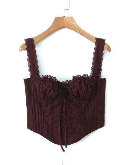 CORSET LACE-UP BACK TOP WHITE BROWN