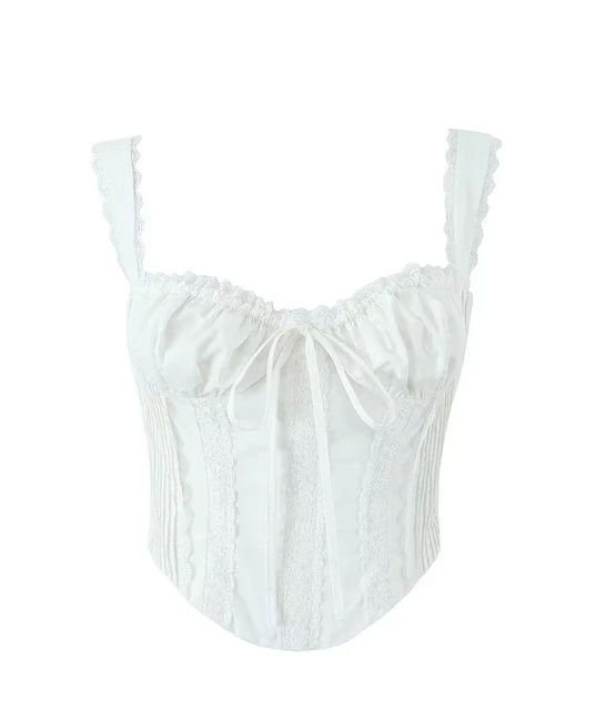 CORSET LACE-UP BACK TOP WHITE BROWN