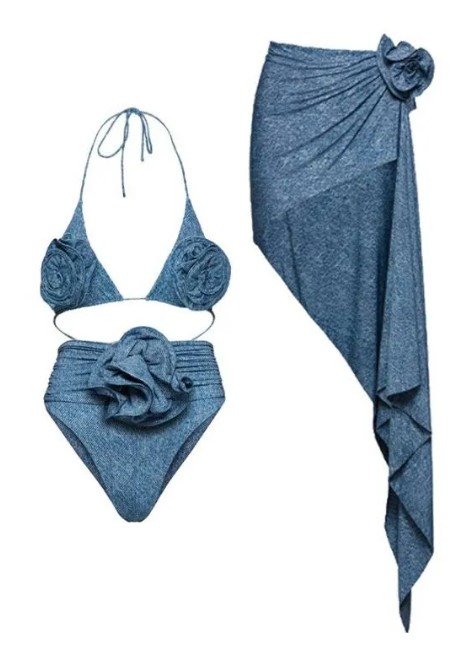 FLORAL DENIM THREE-PIECE SWIM SET