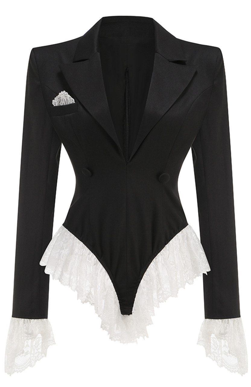 LONG SLEEVE LACE BODYSUIT BLACK WHITE
